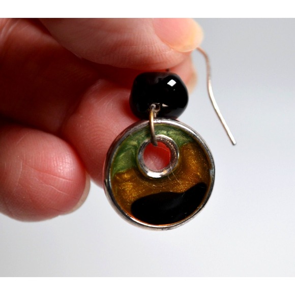 Silver Tone Hook Dangle Pierced Earrings Enamel Coated Ring w/ Black Bead 1.5" - Picture 5 of 7